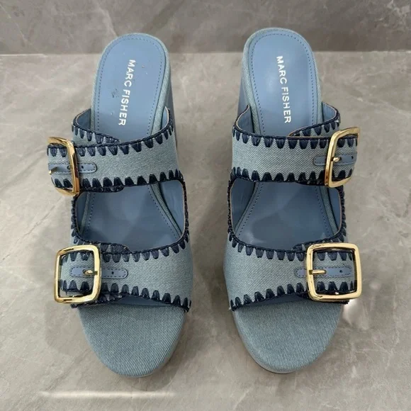 NWOT Women’s Marc Fisher Dalen Block Heel Slip On Denim Buckle Sandals Size 10 - Picture 3 of 13
